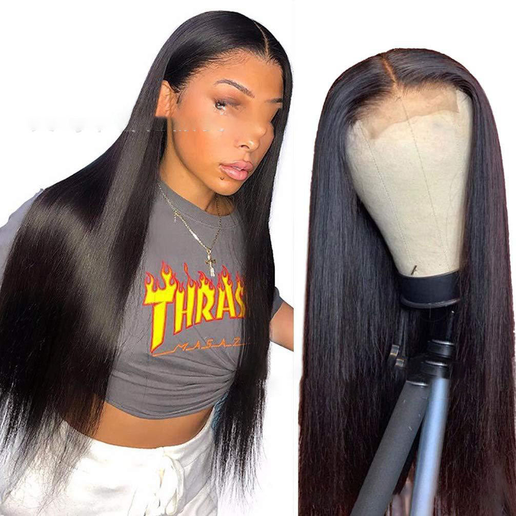 Mid-Section Black Long Straight Hair Front Lace Wig