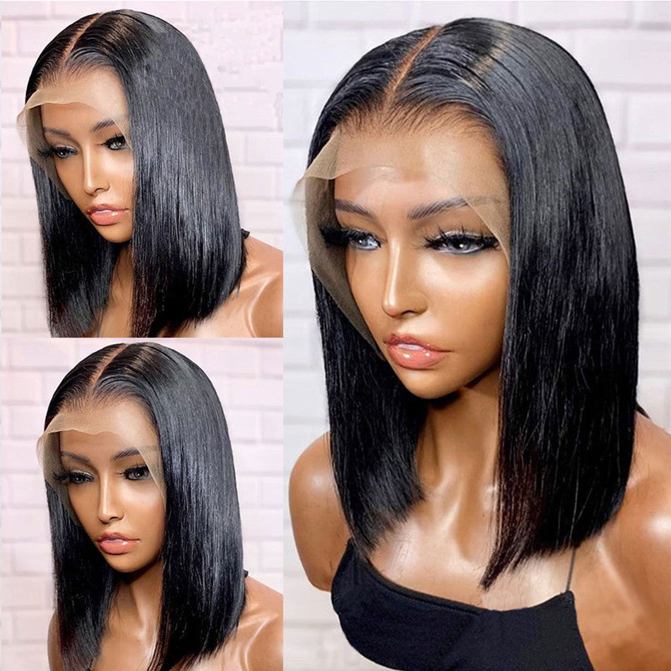 Black Short Straight Hair In Front Of High Temperature Silk Chemical Fiber Hair Lace Headgear