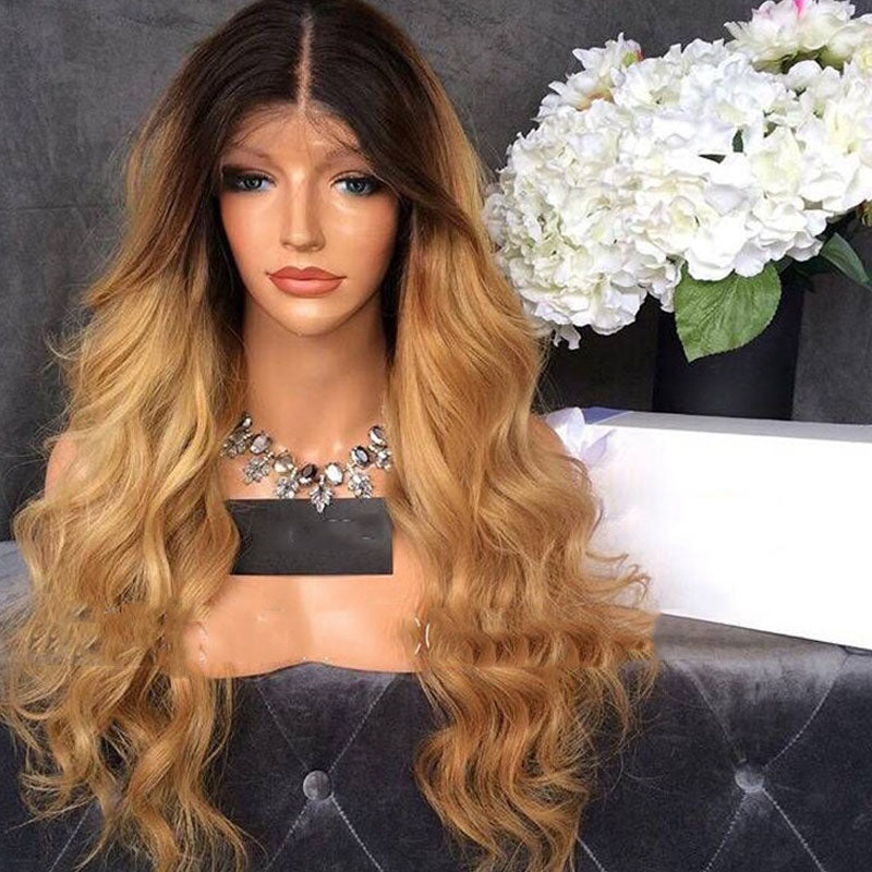 Black Gradient Gold Long Curly Hair Big Wavy T Color